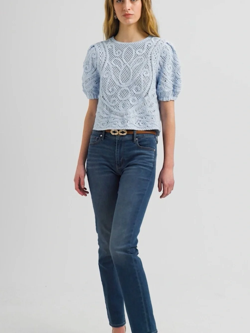 WHBM White House Black Market Blue Crochet Top Puff Sleeve Open Knit Cottagecore - Picture 5 of 14